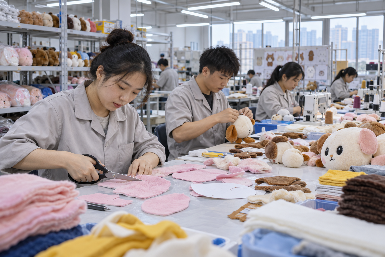 Asian technicians cutting plush fabric and assembling doll components