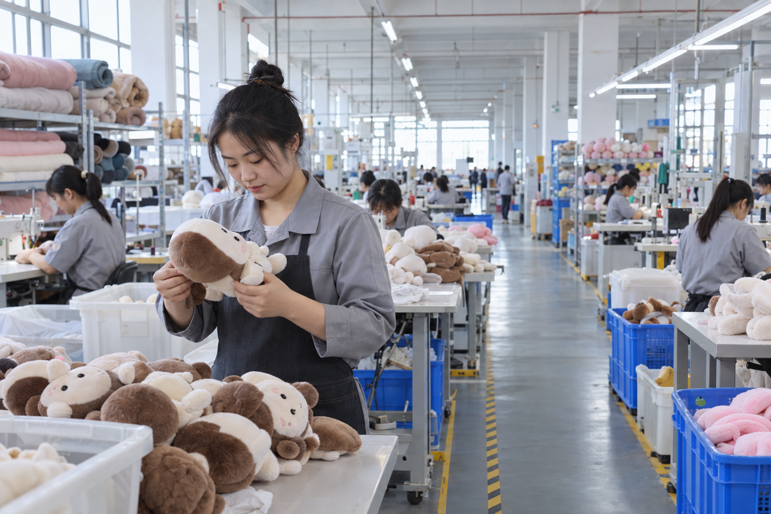 Asian technician working in a modern Shenzhen custom doll production facility
