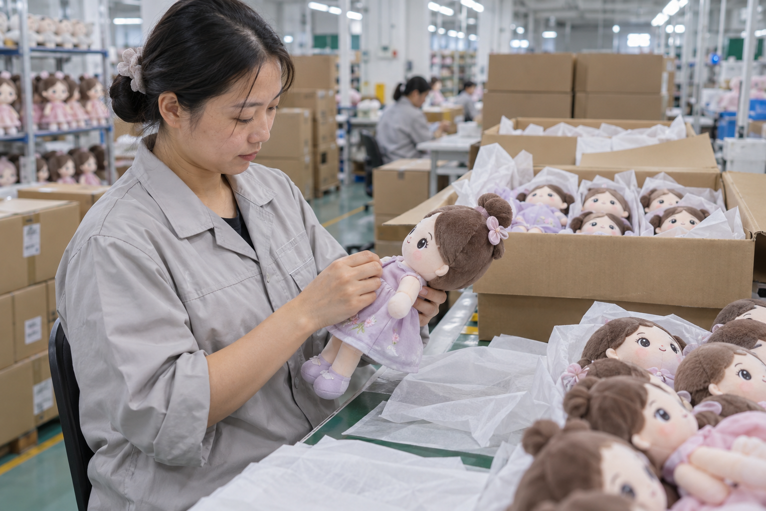 Asian quality-control worker inspecting a finished doll at a packing station