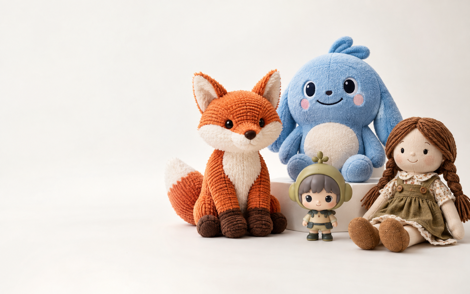 Custom plush dolls and a designer vinyl figure in a studio collection