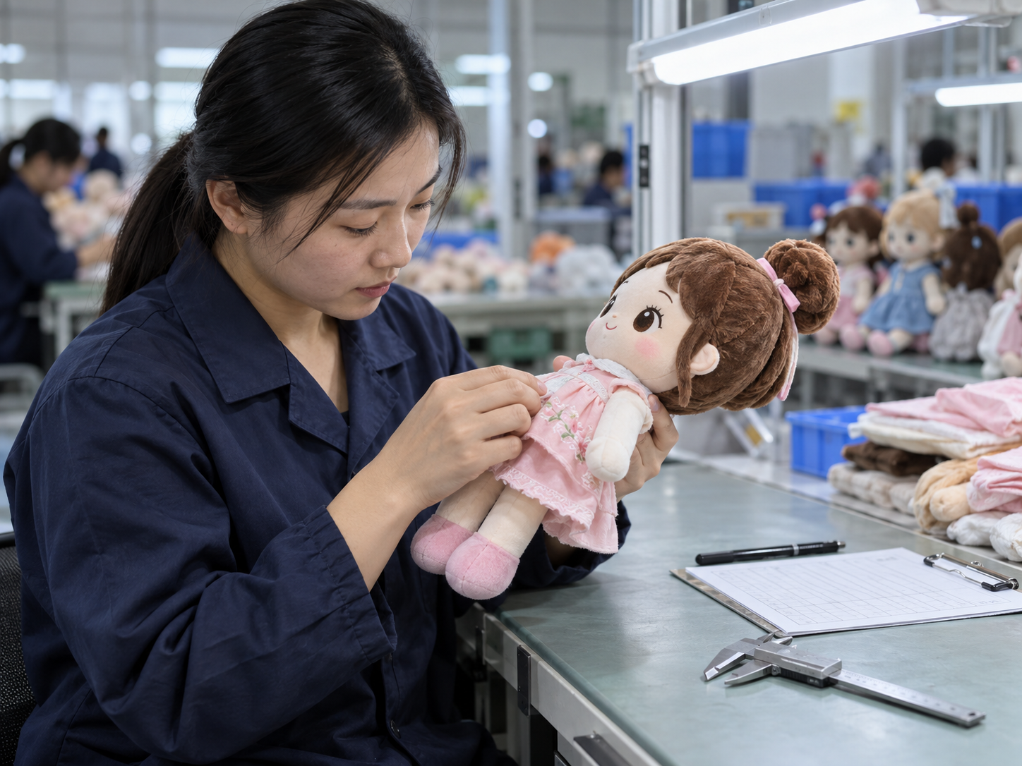 Asian quality-control technician examining a custom plush doll